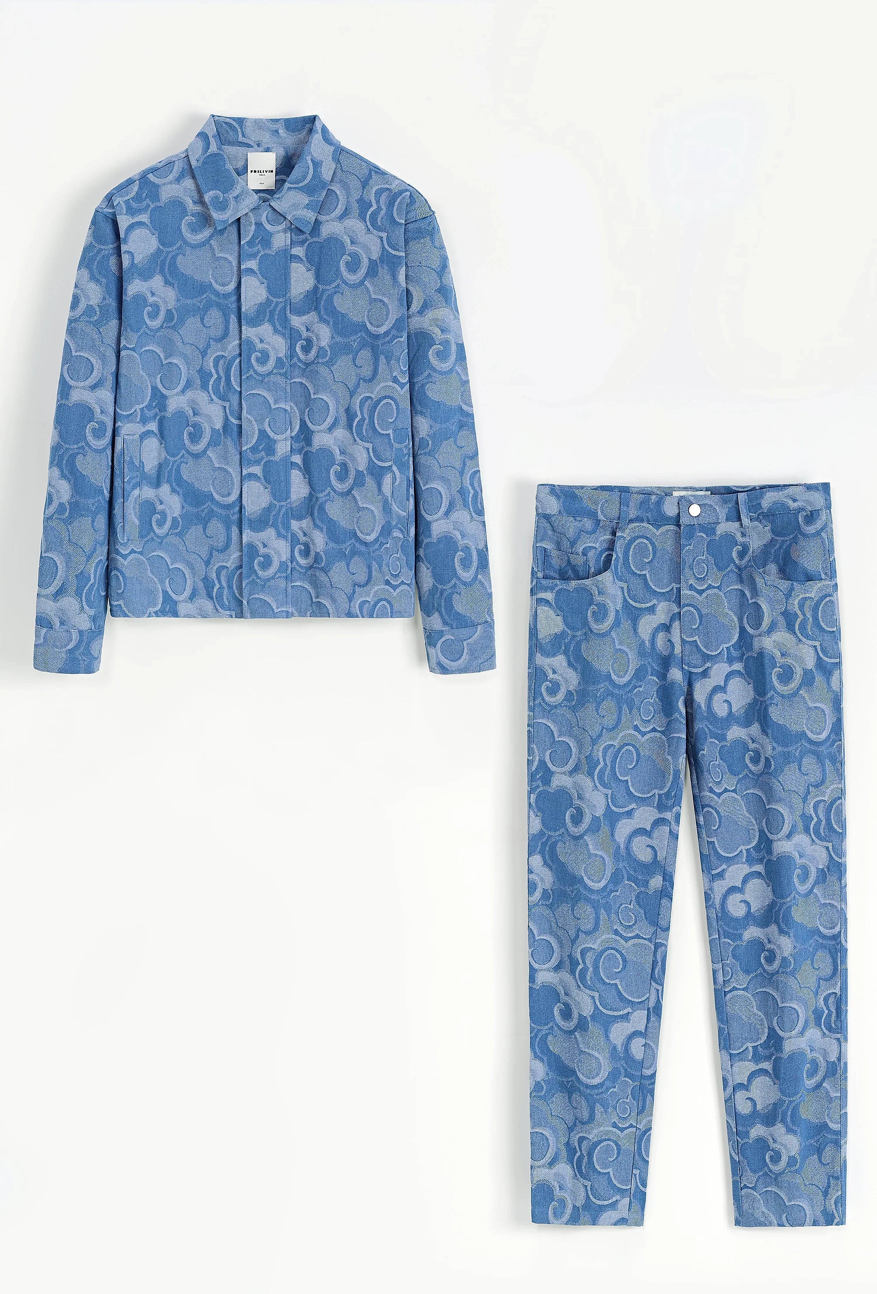 Set van denim jasje en broek met bloemenmotief